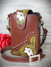 Load image into Gallery viewer, Handmade Genuine Leather Tooled Crossbody Bag with Flowers and Vines Design