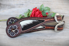Load image into Gallery viewer, Genuine Leather Ladies Spur Straps with Hair On Hide Inlay and Tooling