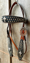 Load image into Gallery viewer, BLACK HAIR ON HIDE CROSS HEADSTALL