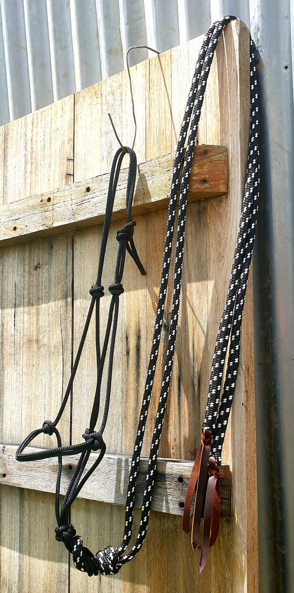 ROPE HALTER and 6FT SPLIT REINS SET BLUE ROAN ROPES and TACK