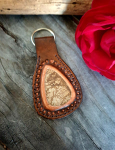 Genuine Leather and Semi Precious Stone Inlaid Western Style Key Chain