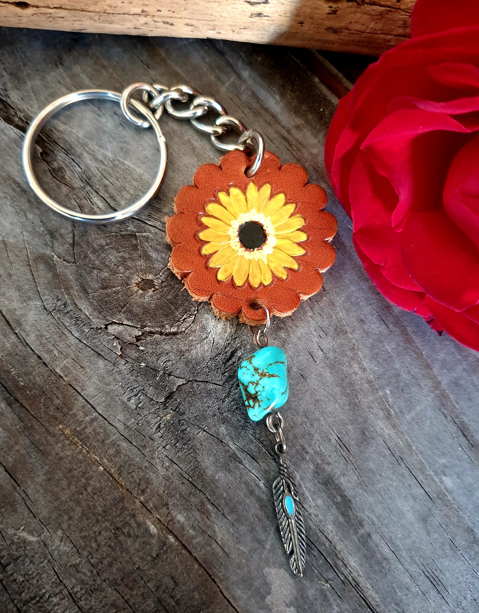 SUN FLOWER LEATHER KEY TAG - Turquoise Nugget – BLUE ROAN ROPES and TACK