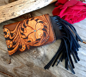 Hand Carved Small Leather Card Wallet/Holder with Fringe