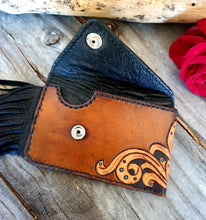 Load image into Gallery viewer, Hand Carved Small Leather Card Wallet/Holder with Fringe
