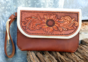 TOOLED SUNFLOWER LEATHER CLUTCH - Two Tone