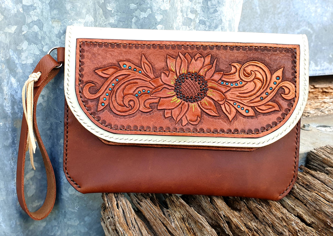 TOOLED SUNFLOWER LEATHER CLUTCH - Two Tone