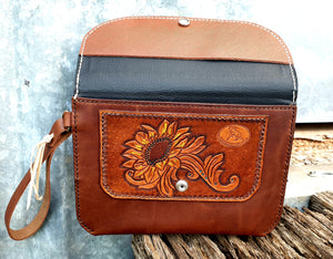 TOOLED SUNFLOWER LEATHER CLUTCH - Two Tone