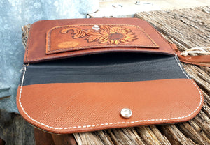 TOOLED SUNFLOWER LEATHER CLUTCH - Two Tone