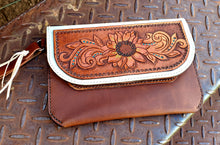 Load image into Gallery viewer, TOOLED SUNFLOWER LEATHER CLUTCH - Two Tone
