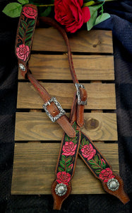 HAND CARVED METALLIC ROSE LEATHER ONE EARRED HEADSTALL