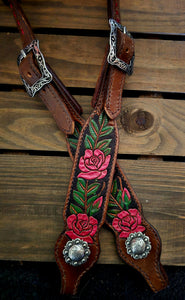 HAND CARVED METALLIC ROSE LEATHER ONE EARRED HEADSTALL