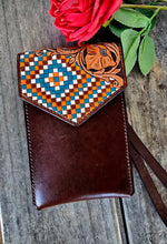 Load image into Gallery viewer, Western Style Tooled Phone or Saddle Pouch - Floral and Aztec Checkered
