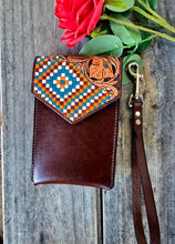 Load image into Gallery viewer, Western Style Tooled Phone or Saddle Pouch - Floral and Aztec Checkered
