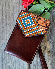 Load image into Gallery viewer, Western Style Tooled Phone or Saddle Pouch - Floral and Aztec Checkered
