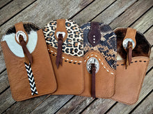 Load image into Gallery viewer, Western Style Phone or Saddle Pouch - Hair On Hide Embossed Leather with Buck Stitching and Silver Toned Conchos
