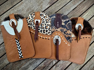 Western Style Phone or Saddle Pouch - Hair On Hide Embossed Leather with Buck Stitching and Silver Toned Conchos