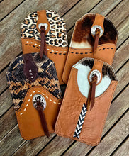 Load image into Gallery viewer, Western Style Phone or Saddle Pouch - Hair On Hide Embossed Leather with Buck Stitching and Silver Toned Conchos
