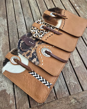 Load image into Gallery viewer, Western Style Phone or Saddle Pouch - Hair On Hide Embossed Leather with Buck Stitching and Silver Toned Conchos
