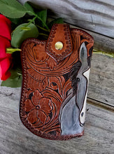 Load image into Gallery viewer, Western Gunslinger Style Tooled Phone Pouch - Grulla Horse
