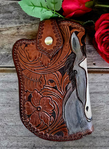 Western Gunslinger Style Tooled Phone Pouch - Grulla Horse
