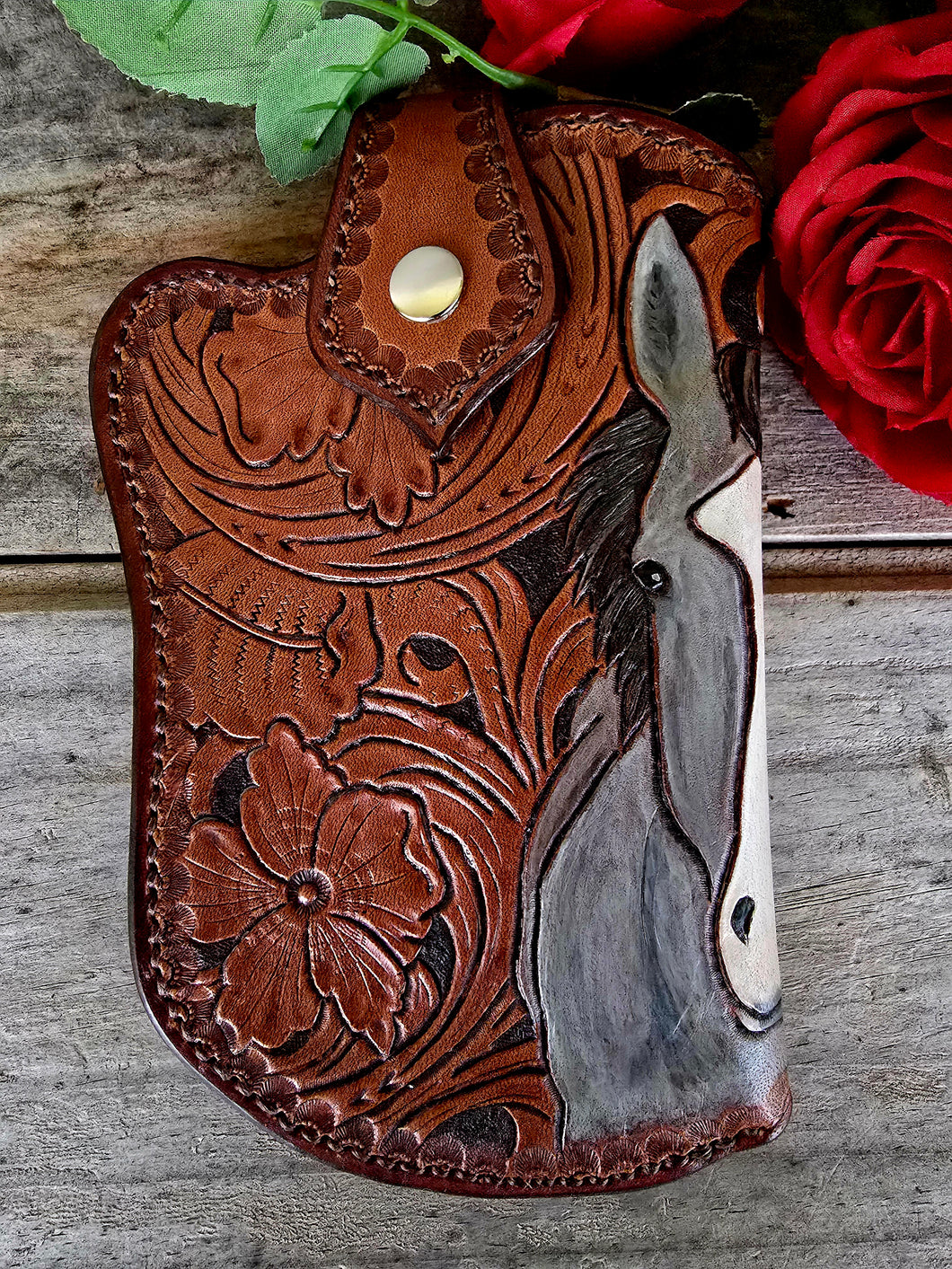 Western Gunslinger Style Tooled Phone Pouch - Grulla Horse