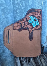 Load image into Gallery viewer, Western Style Belt Phone Pouch - Blue Tooled Flower
