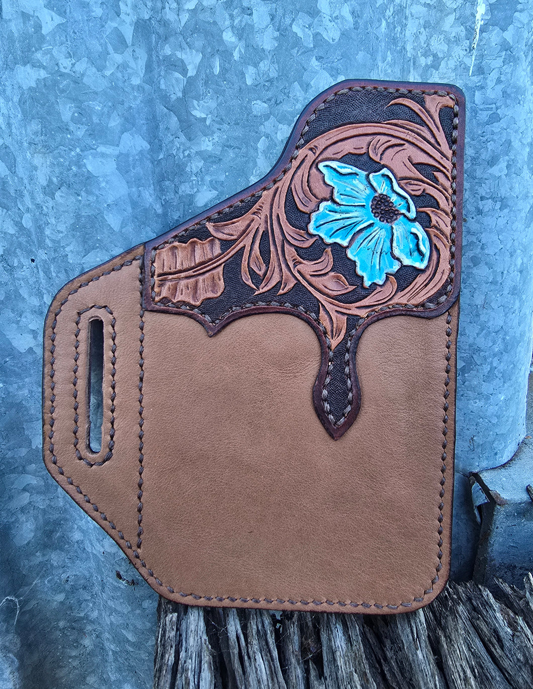 Western Style Belt Phone Pouch - Blue Tooled Flower