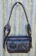 Load image into Gallery viewer, Handmade Genuine Leather Tooled Crossbody Bag with Tooling and Fringe
