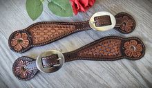 Load image into Gallery viewer, Genuine Leather Ladies Spur Straps with Floral and Basket Stamp Tooling

