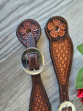 Load image into Gallery viewer, Genuine Leather Ladies Spur Straps with Floral and Basket Stamp Tooling
