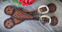 Load image into Gallery viewer, Genuine Leather Ladies Spur Straps with Floral and Basket Stamp Tooling
