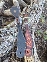 Load image into Gallery viewer, Genuine Leather Ladies Spur Straps with Floral and Basket Stamp Tooling
