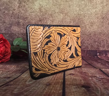 Load image into Gallery viewer, Genuine Leather Hand Carved Western Bifold Wallet 'Playin With The Big Boys'
