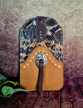 Load image into Gallery viewer, Western Style Phone or Saddle Pouch - Hair On Hide Embossed Leather with Buck Stitching and Silver Toned Conchos
