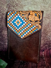 Load image into Gallery viewer, Western Style Tooled Phone or Saddle Pouch - Floral and Aztec Checkered
