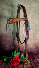 Load image into Gallery viewer, Dark Horse Collection -  Wide Brow Basket Stamped Headstall "Goldmine"
