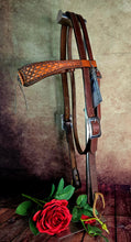 Load image into Gallery viewer, Dark Horse Collection -  Wide Brow Basket Stamped Headstall "Goldmine"
