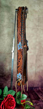 Load image into Gallery viewer, HANDMADE HERMAN OAK SLIP EAR HEADSTALL - Blue Flowers and Vines Hand Carved and Painted Design
