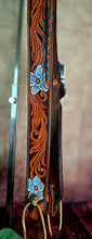 Load image into Gallery viewer, HANDMADE HERMAN OAK SLIP EAR HEADSTALL - Blue Flowers and Vines Hand Carved and Painted Design
