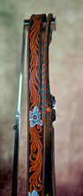 Load image into Gallery viewer, HANDMADE HERMAN OAK SLIP EAR HEADSTALL - Blue Flowers and Vines Hand Carved and Painted Design
