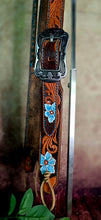 Load image into Gallery viewer, HANDMADE HERMAN OAK SLIP EAR HEADSTALL - Blue Flowers and Vines Hand Carved and Painted Design
