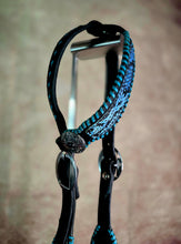 Load image into Gallery viewer, METALLIC SNAKE and TEAL LACED LEATHER HEADSTALL
