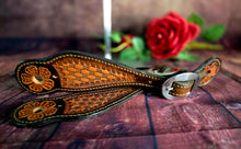 Load image into Gallery viewer, Genuine Leather Ladies Spur Straps with Floral and Basket Stamp Tooling
