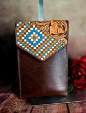 Load image into Gallery viewer, Western Style Tooled Phone or Saddle Pouch - Floral and Aztec Checkered
