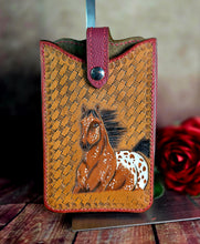 Load image into Gallery viewer, Western Style Tooled Phone or Saddle Pouch - Appaloosa Horse with Basket Stamping
