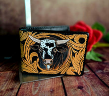 Load image into Gallery viewer, Genuine Leather Hand Carved Western Bifold Wallet 'Playin With The Big Boys'
