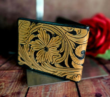 Load image into Gallery viewer, Genuine Leather Hand Carved Western Bifold Wallet 'Playin With The Big Boys'
