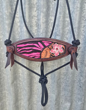 Load image into Gallery viewer, BRONC NOSE HALTER -Black/Pink Hair on Hide with Tooling
