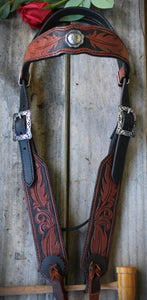 Dark Horse Collection -  Tooled Feather Brow and Cheeks Headstall "Double Oak"