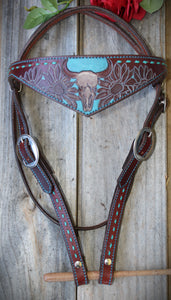 Dark Horse Collection - Tooled Wide Brown Leather Headstall "Blue Eyed Oak"